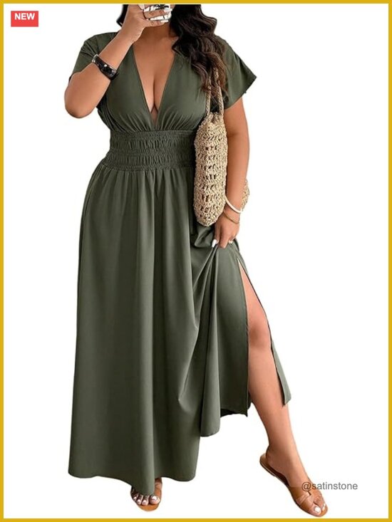 Dresses & Skirts - Deep V Neck Maxi Dress Short Sleeve Split Hem Flowy Summer